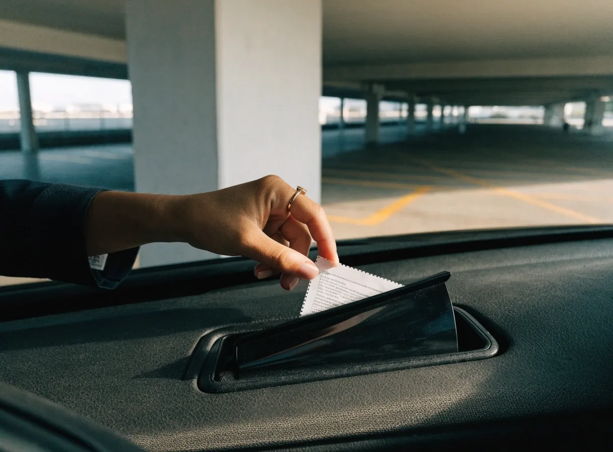 A driver collecting a parking permit inside a car at a multi-level car park near Sydney Airport