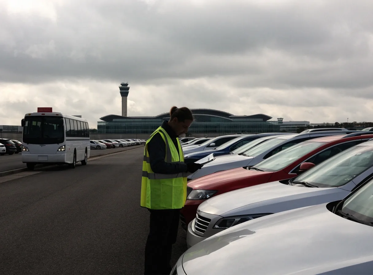 A traveller walking between rows of parked cars in a long-stay car park near Sydney Airport at dusk