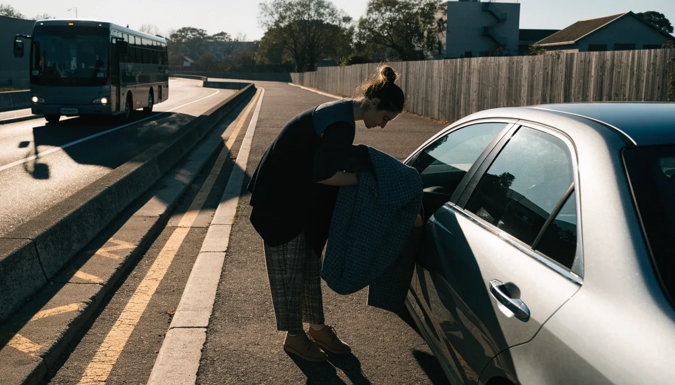 A traveller repacking a bag beside an open car boot at a long-stay car park near Sydney Airport