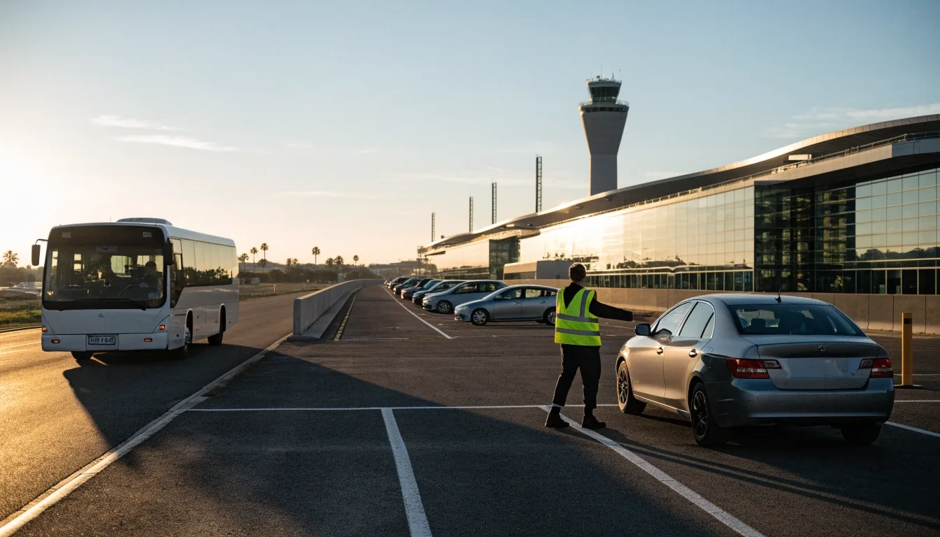 Early morning at Sydney Airport Domestic Terminal 2 with a traveller walking toward the entrance and a shuttle waiting at the kerb