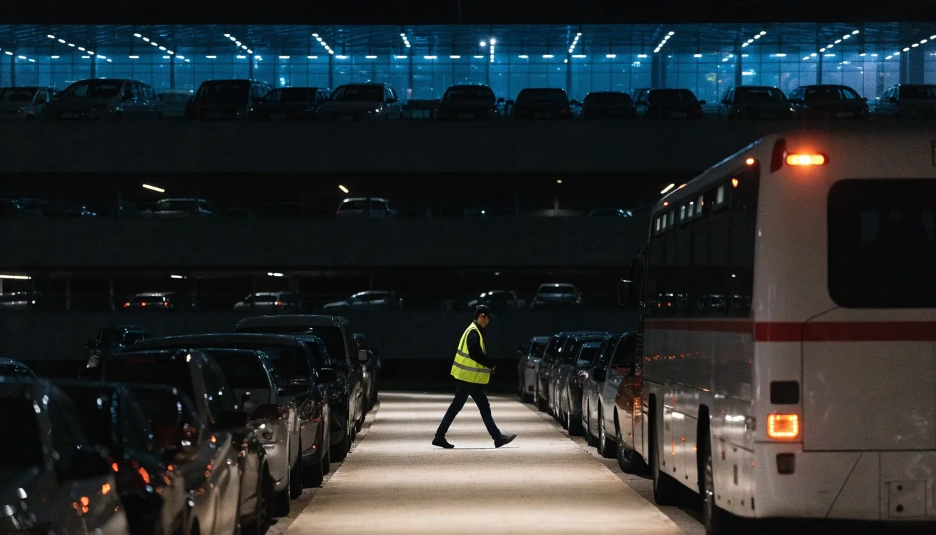 Quiet evening view across a near-empty car park near Sydney Airport with a traveller walking toward a covered walkway