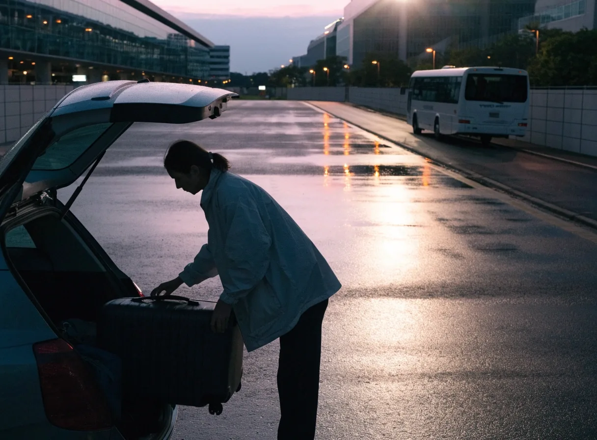 Traveller repacking a suitcase beside a parked car in a lot near Sydney Airport at dusk