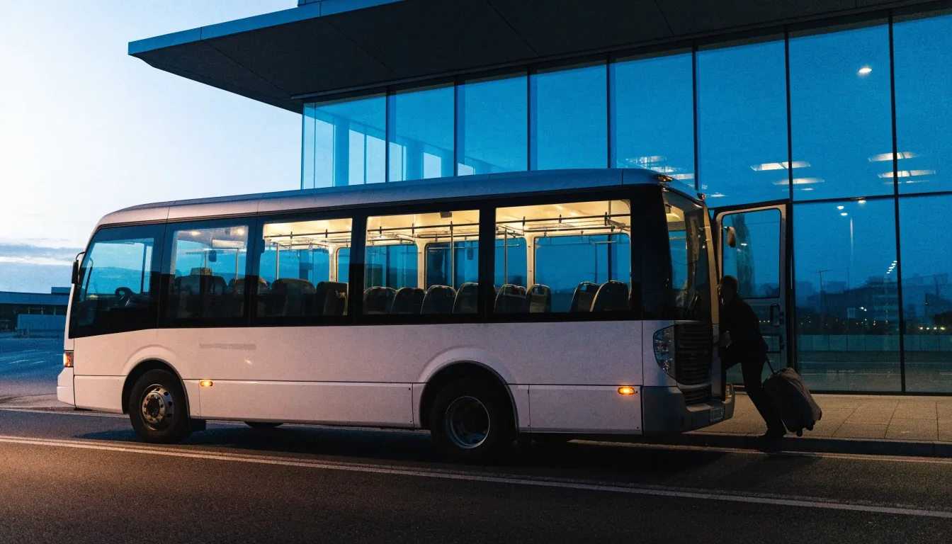 Shuttle bus leaving an airport terminal walkway at dusk with a waiting traveller