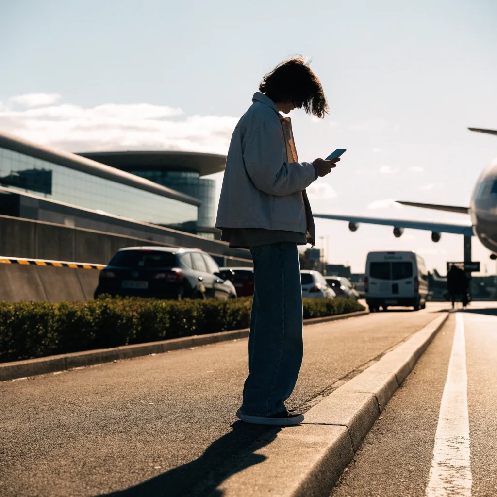 Traveller checking a phone at the airport kerbside with parked cars behind