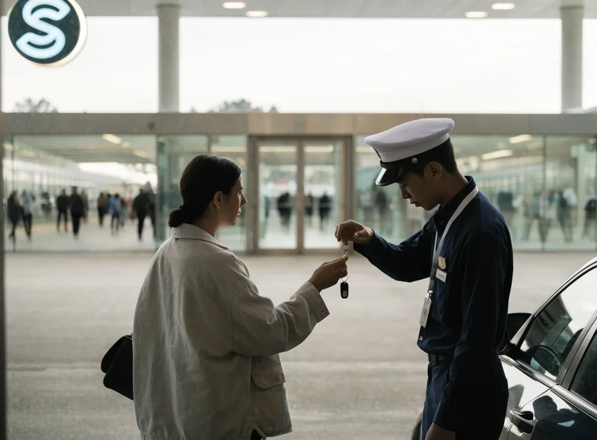 Traveller handing car keys to a valet attendant at an airport drop-off bay