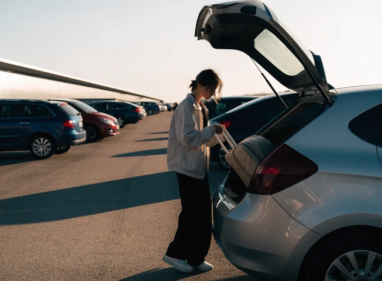 Traveller lifting luggage from a car boot in a long-stay car park near Sydney Airport