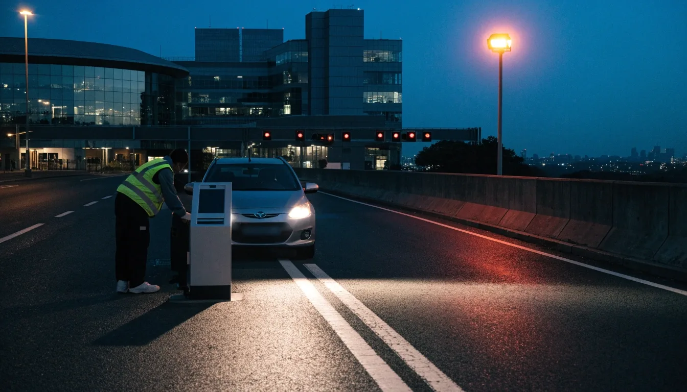 Long-stay car park rows under floodlights near Sydney Airport at dusk