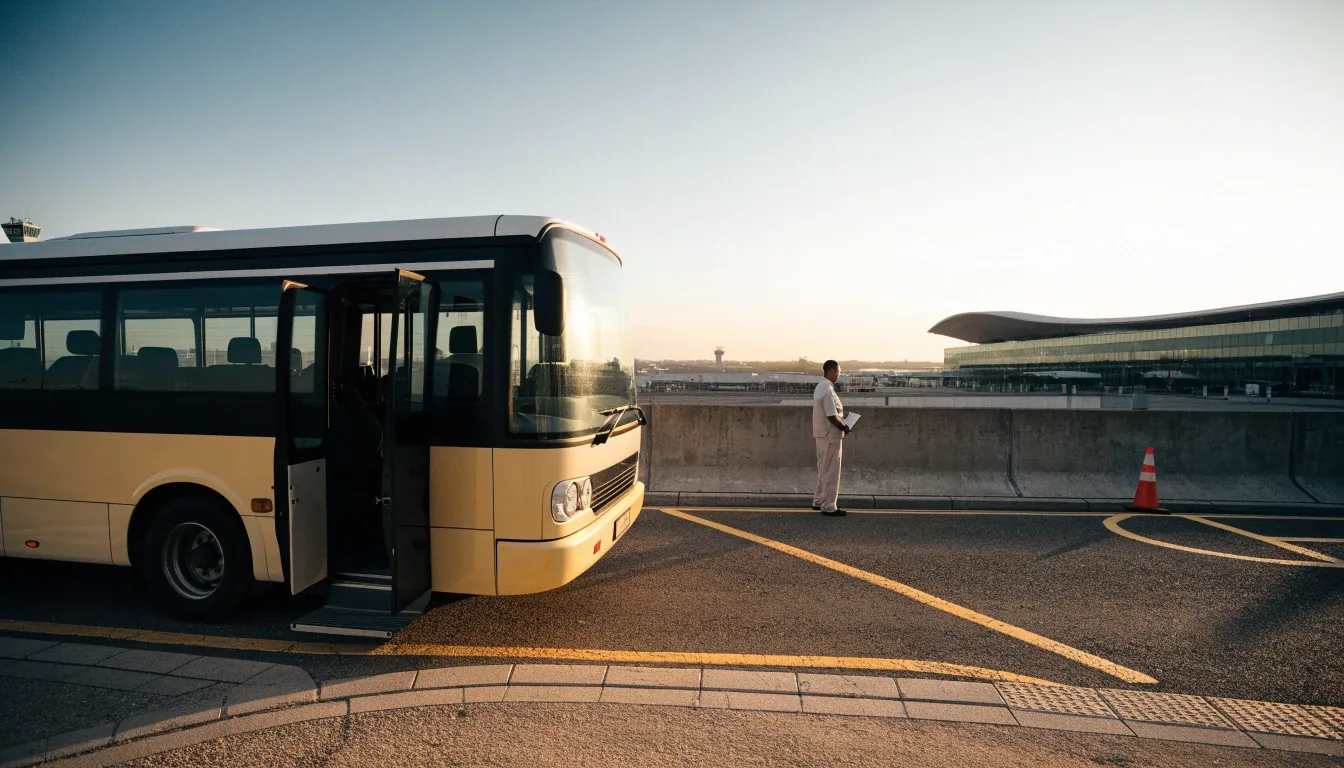 Shuttle bus waiting at a long-stay car park near Sydney Airport before the first morning run