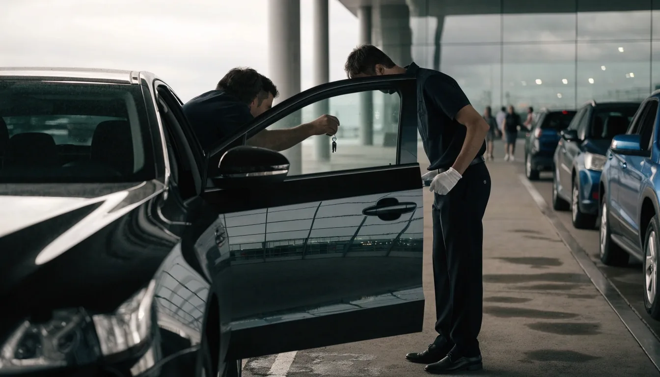 Attendant receiving car keys from a traveller at a valet handover bay