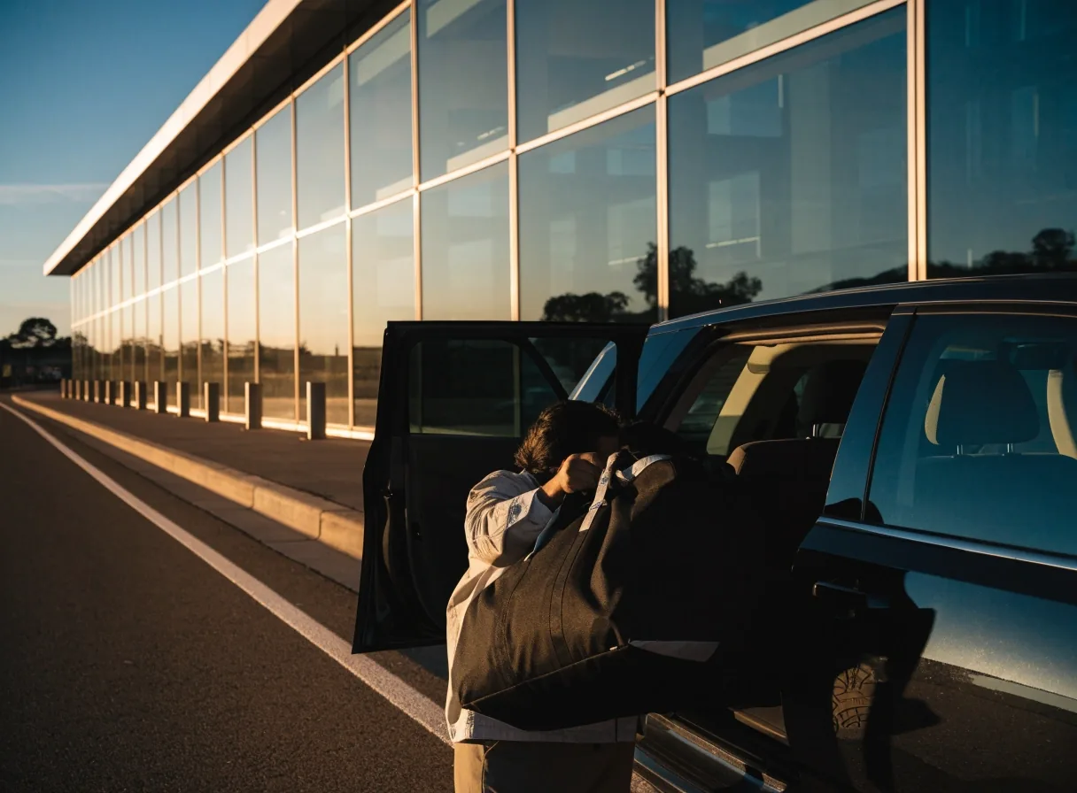 Driver loading luggage into a car on the approach road outside the airport terminal