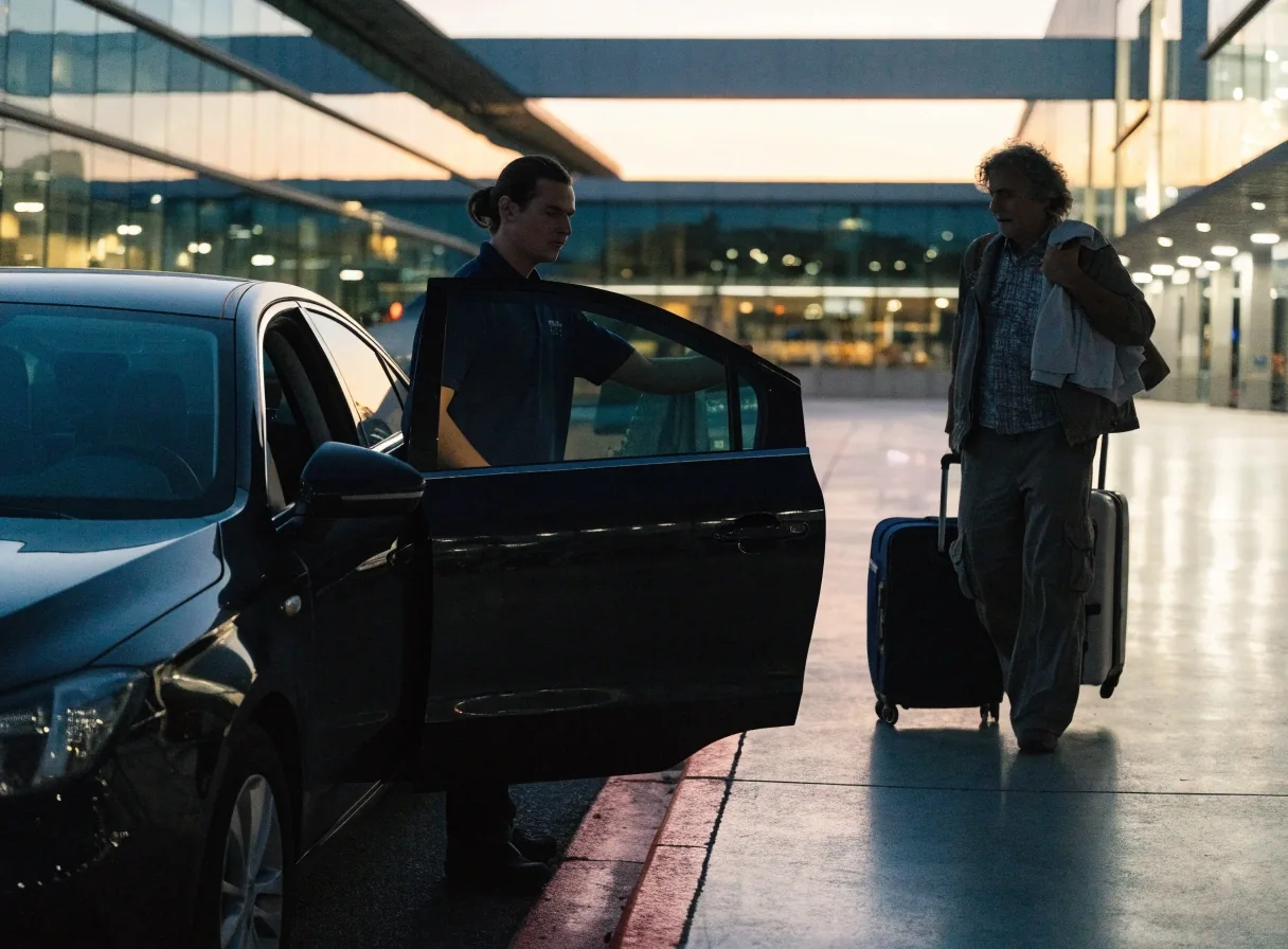 Traveller lifting a suitcase from a car boot inside a covered airport car park
