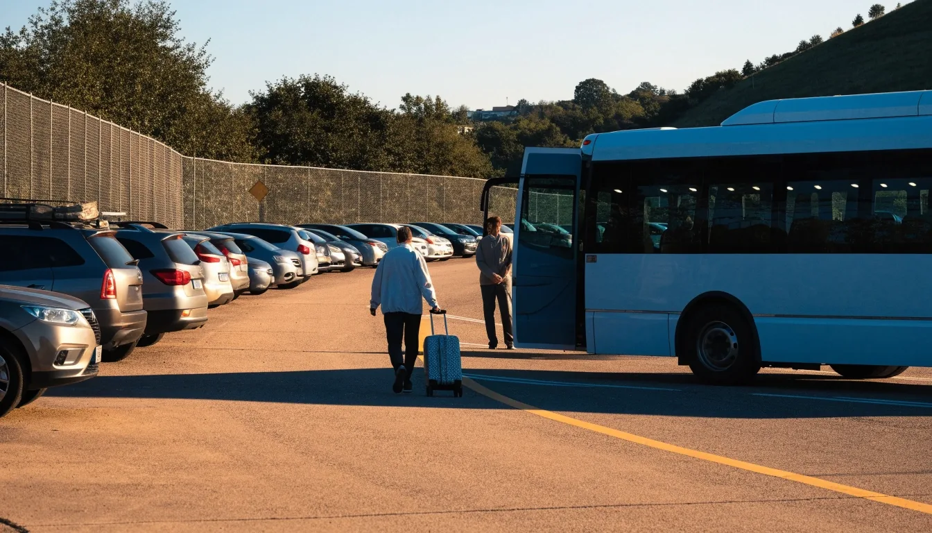 Traveller with a suitcase walking toward a shuttle bus at a long-stay car park