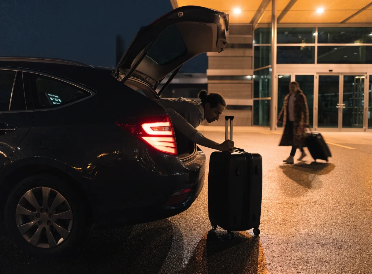 Traveller wheeling a suitcase away from a car at the airport drop-off kerb at night