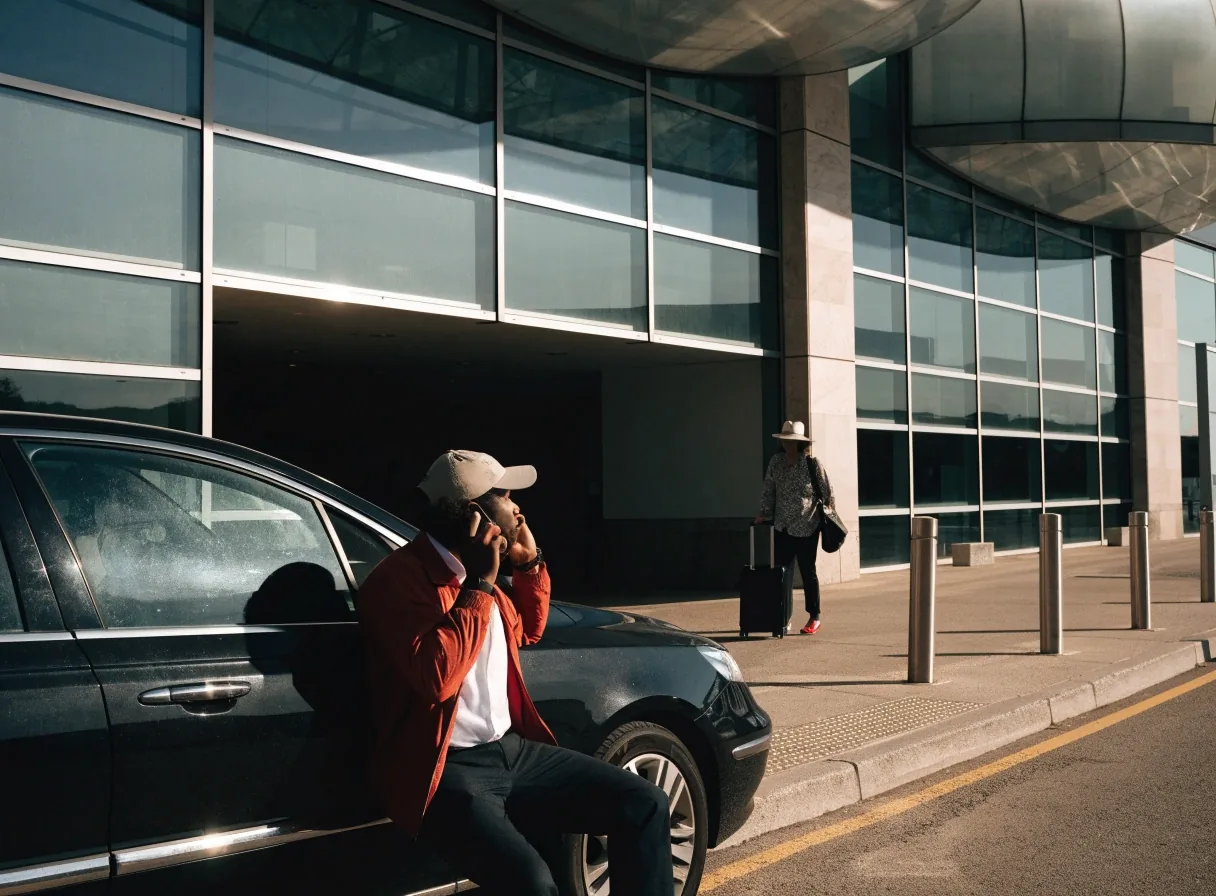 Arriving passenger pausing at terminal doors while looking for their lift in the pick-up forecourt