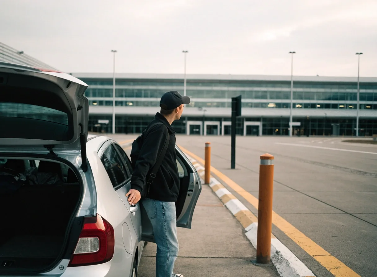 Driver loading luggage into an open boot at a short kerbside collection zone