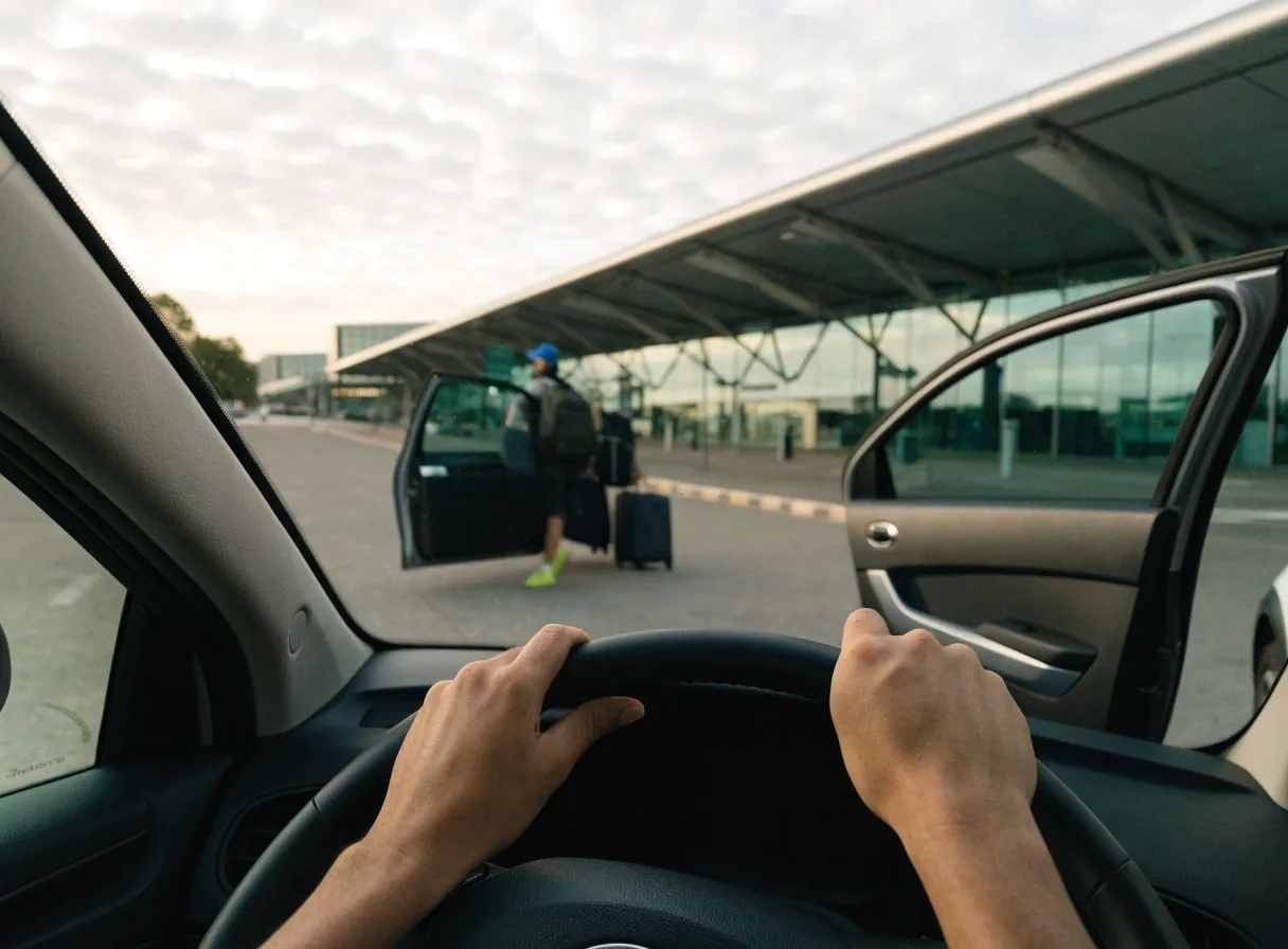 Driver waiting at a kerbside pick-up lane with a traveller approaching the car with luggage