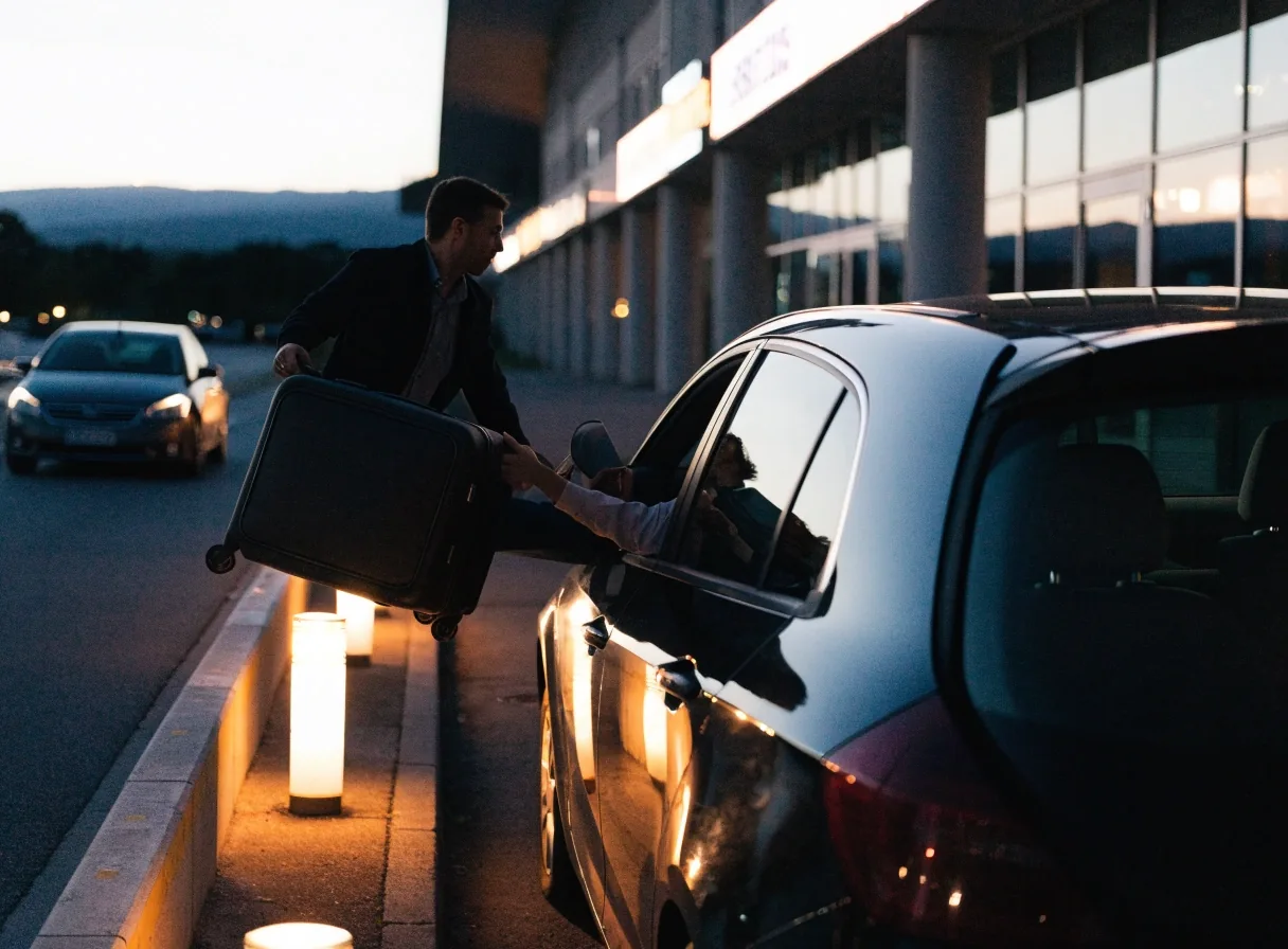 Passenger unloading a holdall from a car boot at the departures kerbside in the evening