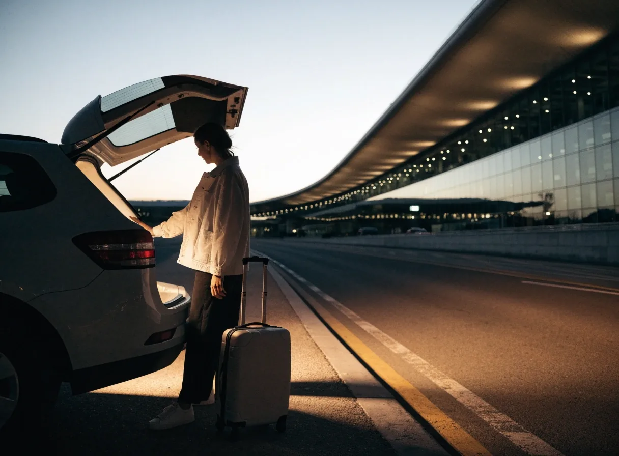 Quiet airport kerbside lane at last light leading toward a lit terminal canopy