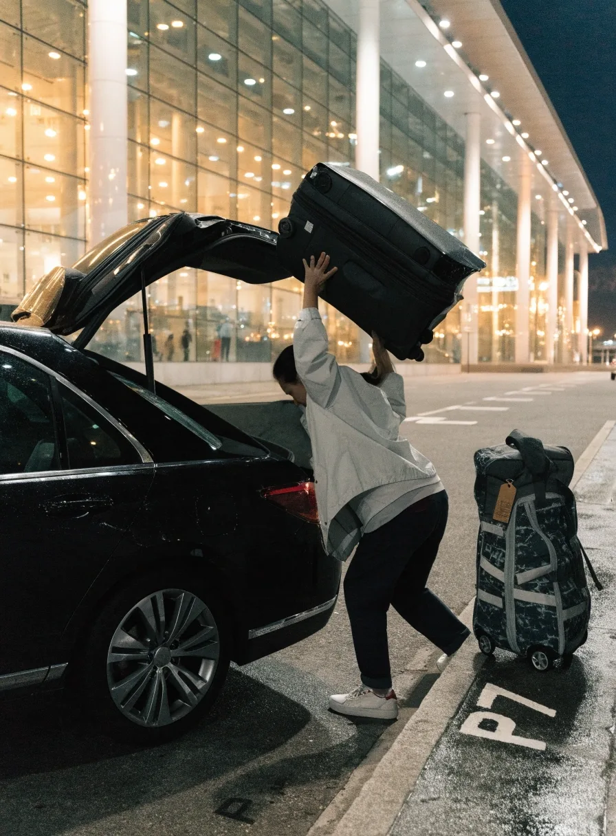 Traveller with large suitcases leaving international arrivals toward a waiting car at the kerb