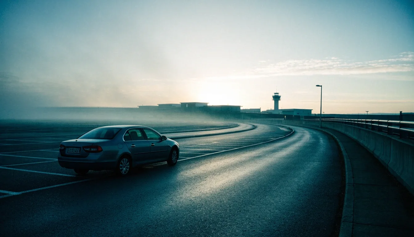 Quiet long-stay car park at first light with a single car parked near the exit ramp