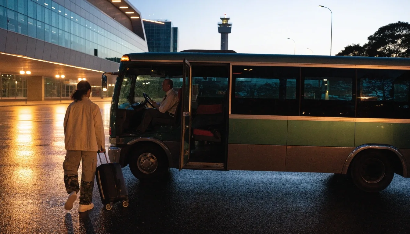 Shuttle bus leaving a kerbside bay at a Sydney airport car park in blue-hour light