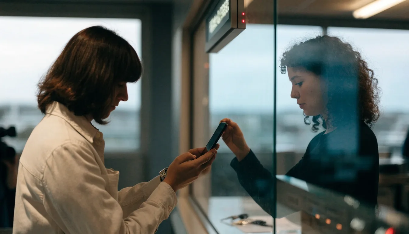 Traveller handing a phone across the counter to staff at a Sydney airport parking office