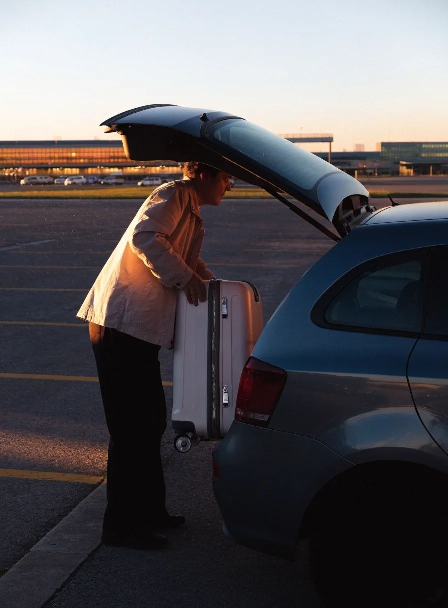 Traveller loading a suitcase into a car in a long-stay car park near Sydney Airport at dusk