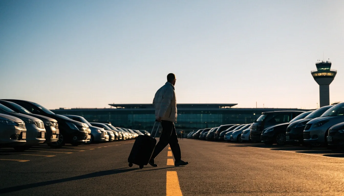 Traveller walking with a rolling case through a long-stay car park lane near Sydney Airport at dusk