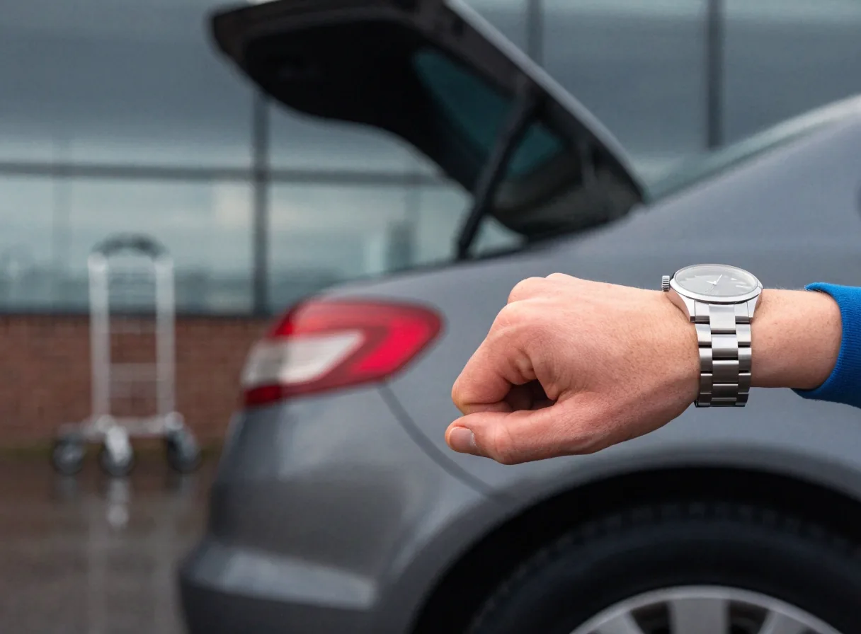 Traveller checking the time beside an open boot in an airport car park under overcast light