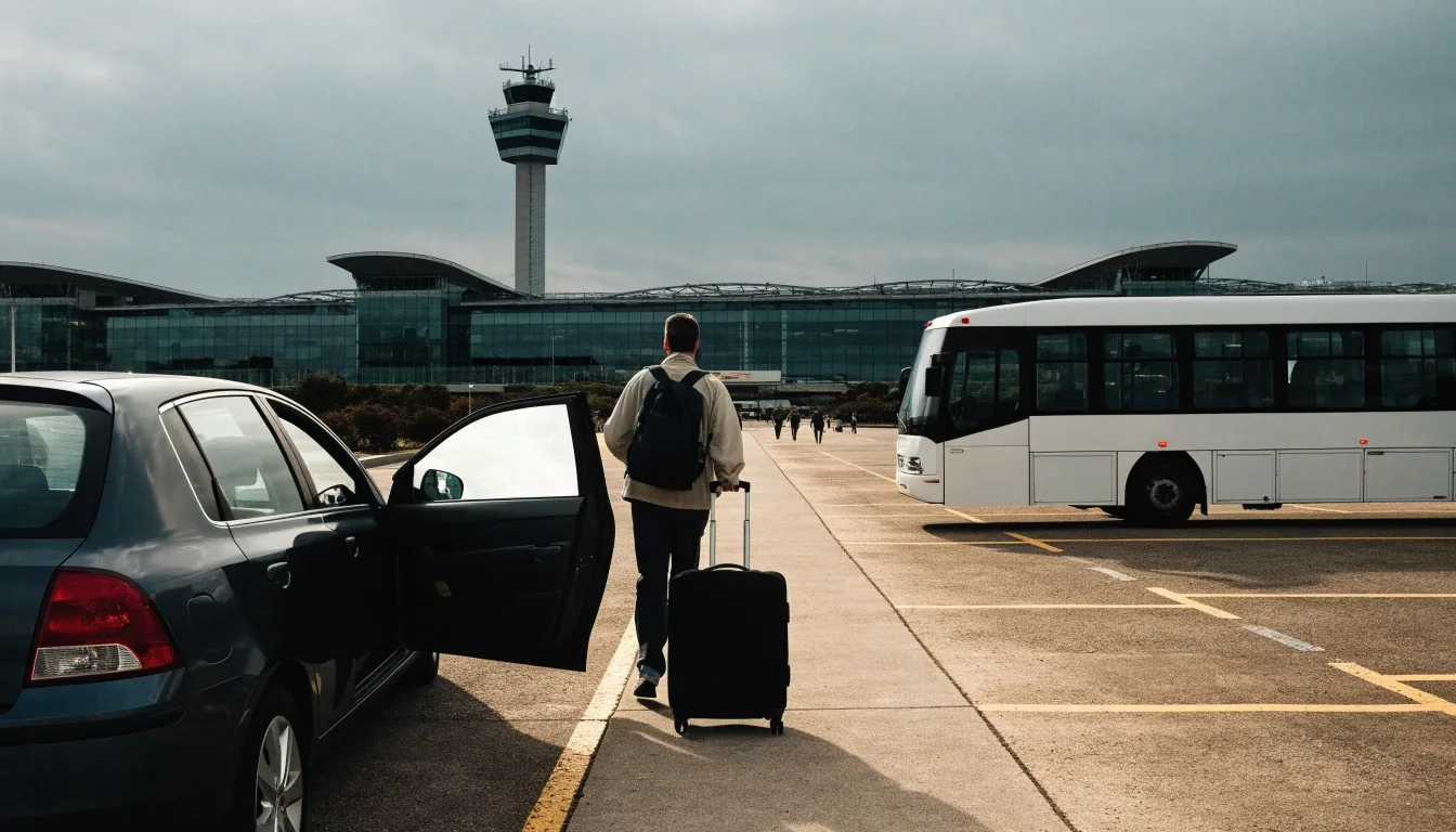 Driver helping a passenger with a suitcase at an airport kerbside pick-up area