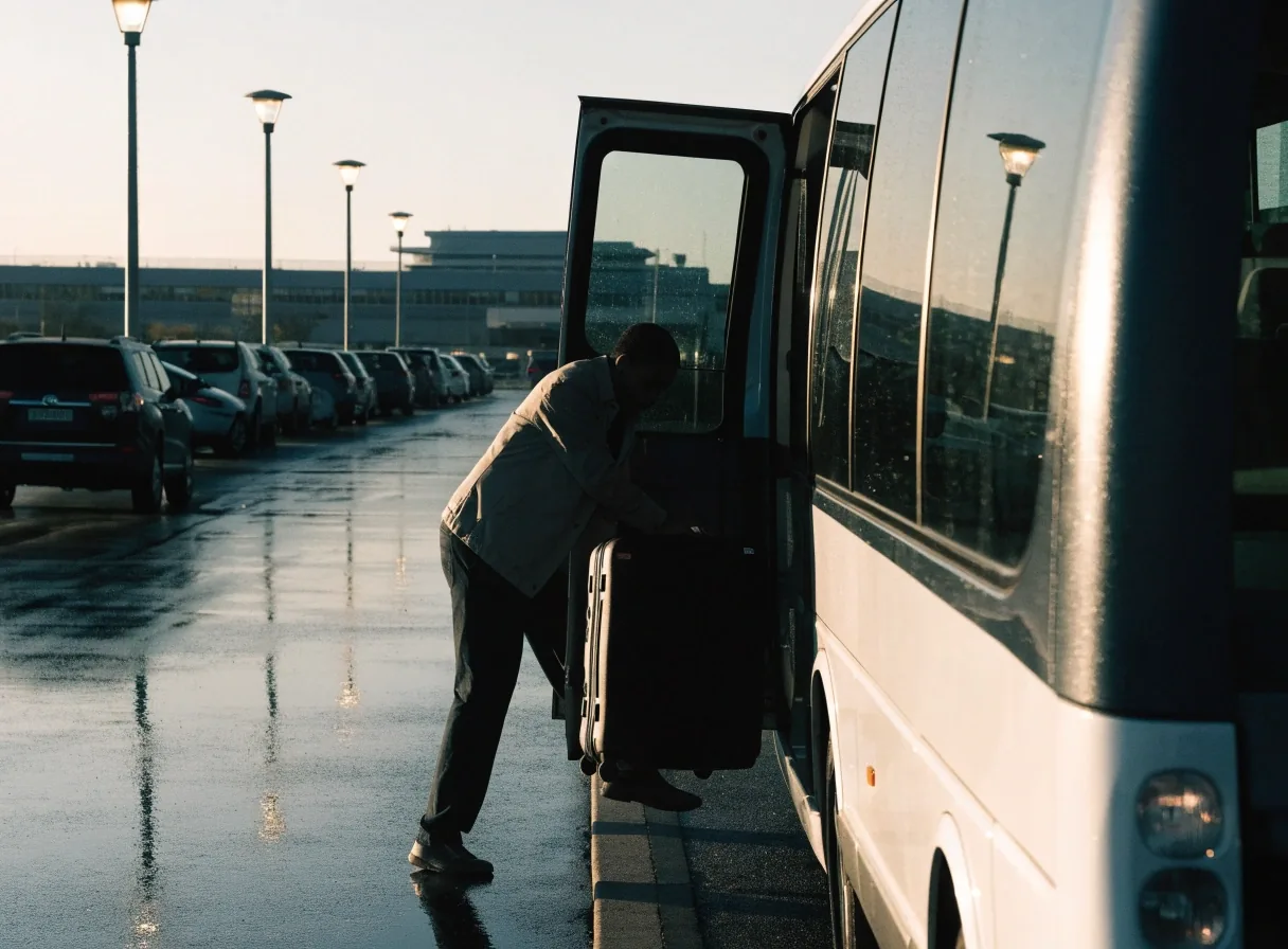Long-stay airport car park with cars parked and a shuttle bus waiting at a bay