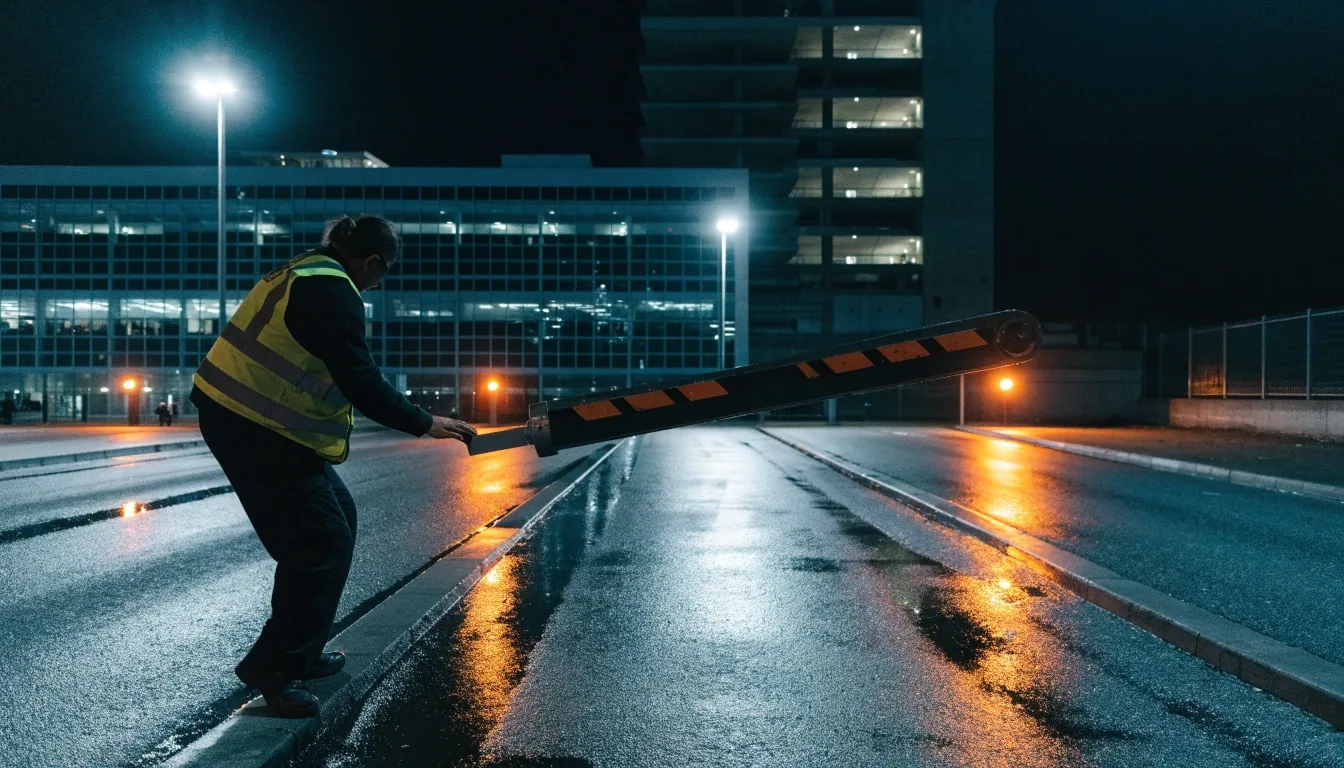 Quiet airport road at night leading toward a lit terminal and parking structure