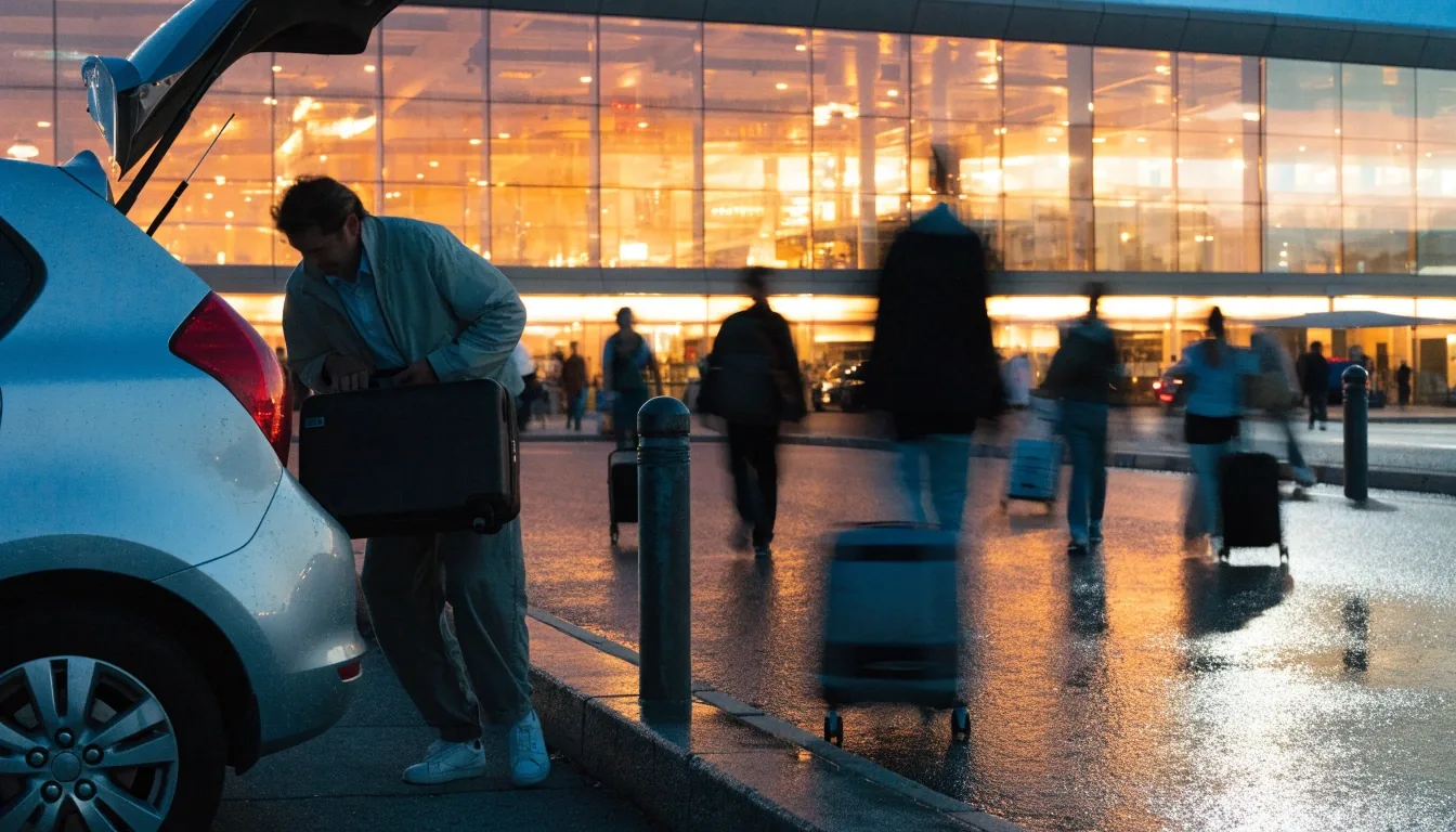 Travellers with luggage on a covered walkway approaching the international terminal at dusk