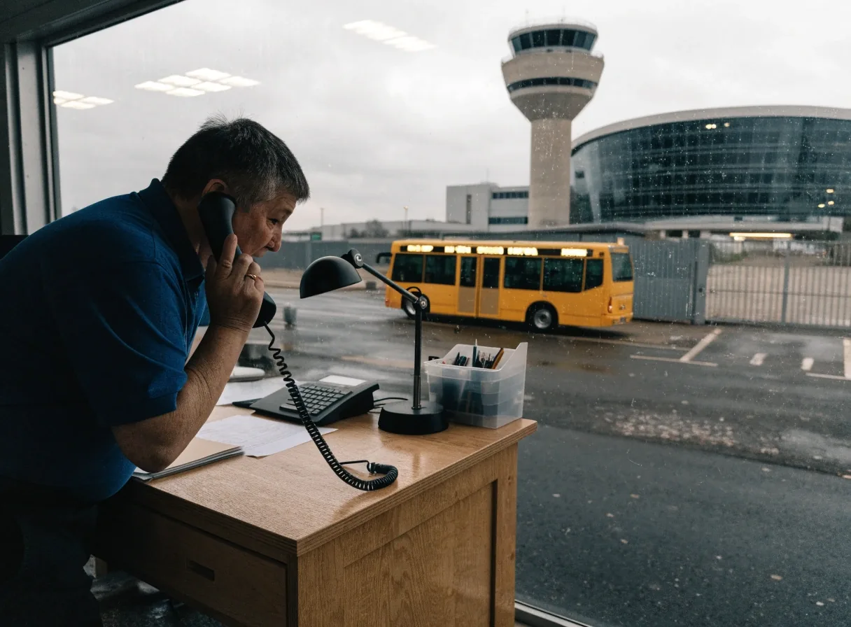 Booking office desk with a landline phone and a shuttle bus outside the window