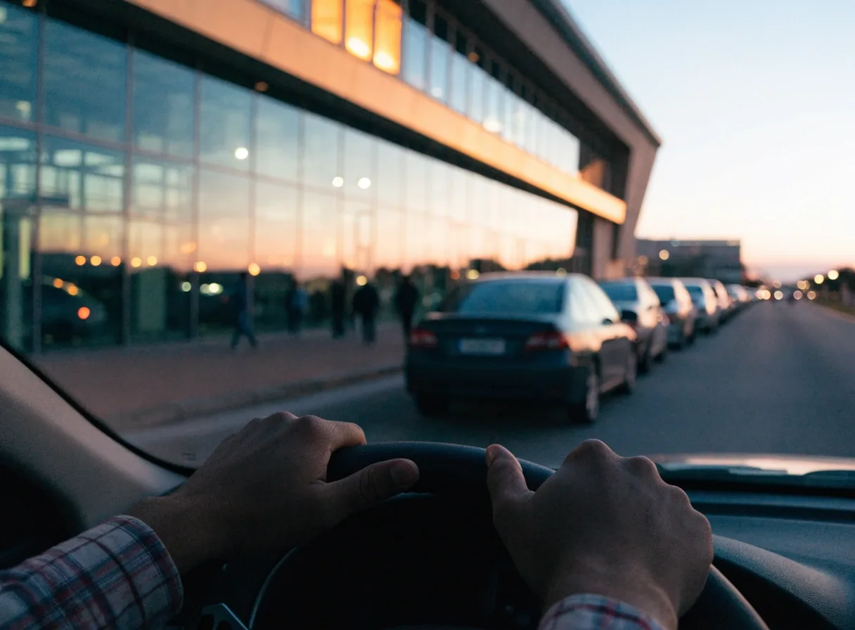 Driver waiting in a kerbside drop-off lane outside an airport terminal at dusk