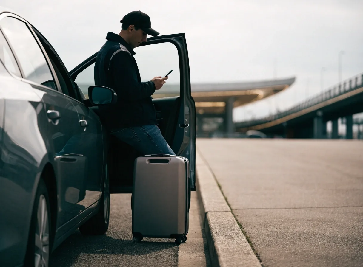 Hand holding a phone beside a parked car while checking airport parking details