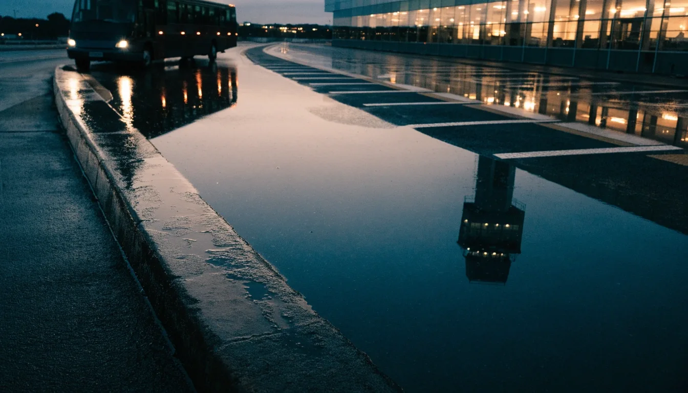 Quiet evening view of an airport car park access road with terminal lights reflected on wet asphalt