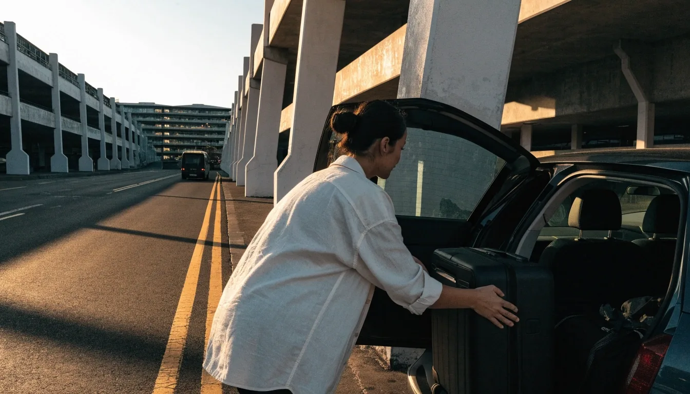 Traveller unloading luggage beside a multi-level car park near Sydney Airport